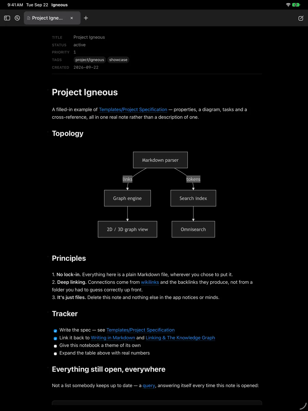 The Project Igneous note on iPad, opening on its Mermaid diagram. The recording scrolls through its principles and tracker, then opens Tasks and the graph from the notebook pane.