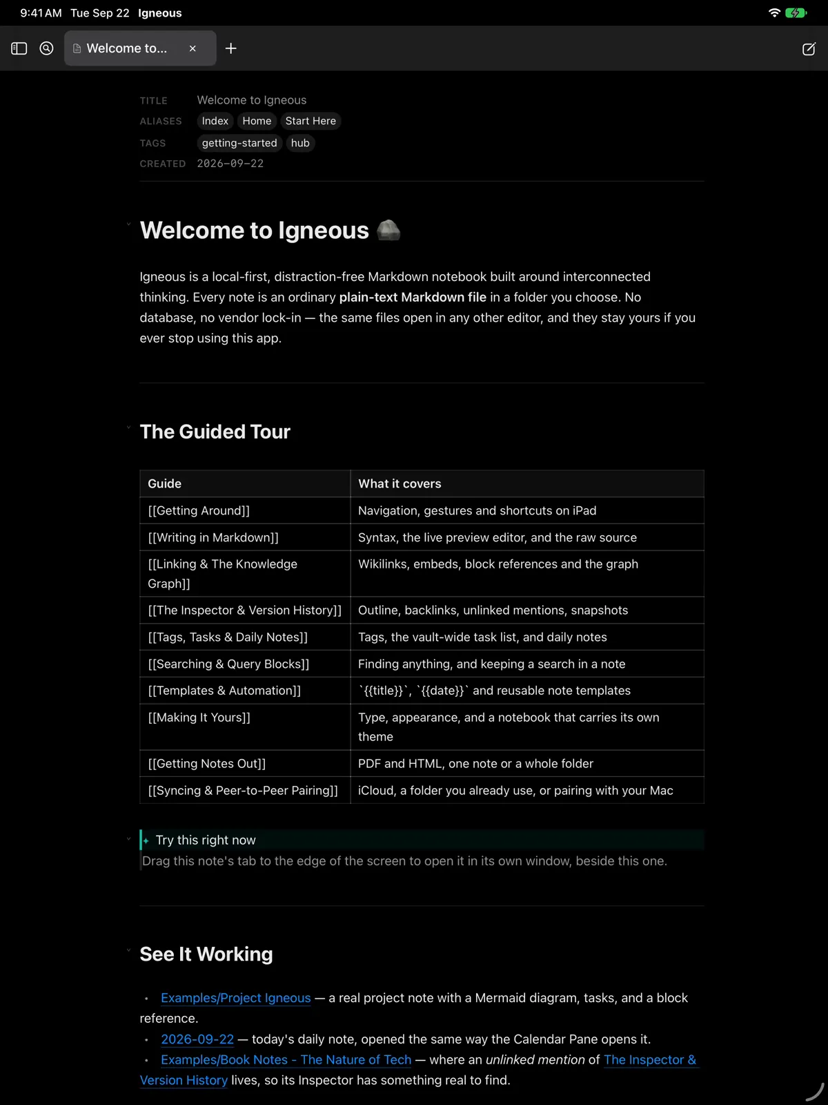Igneous on iPad: the Welcome note in the live editor, with the tab bar across the top. The recording swipes the notebook pane in from the left edge, then scrolls to the end of the note.