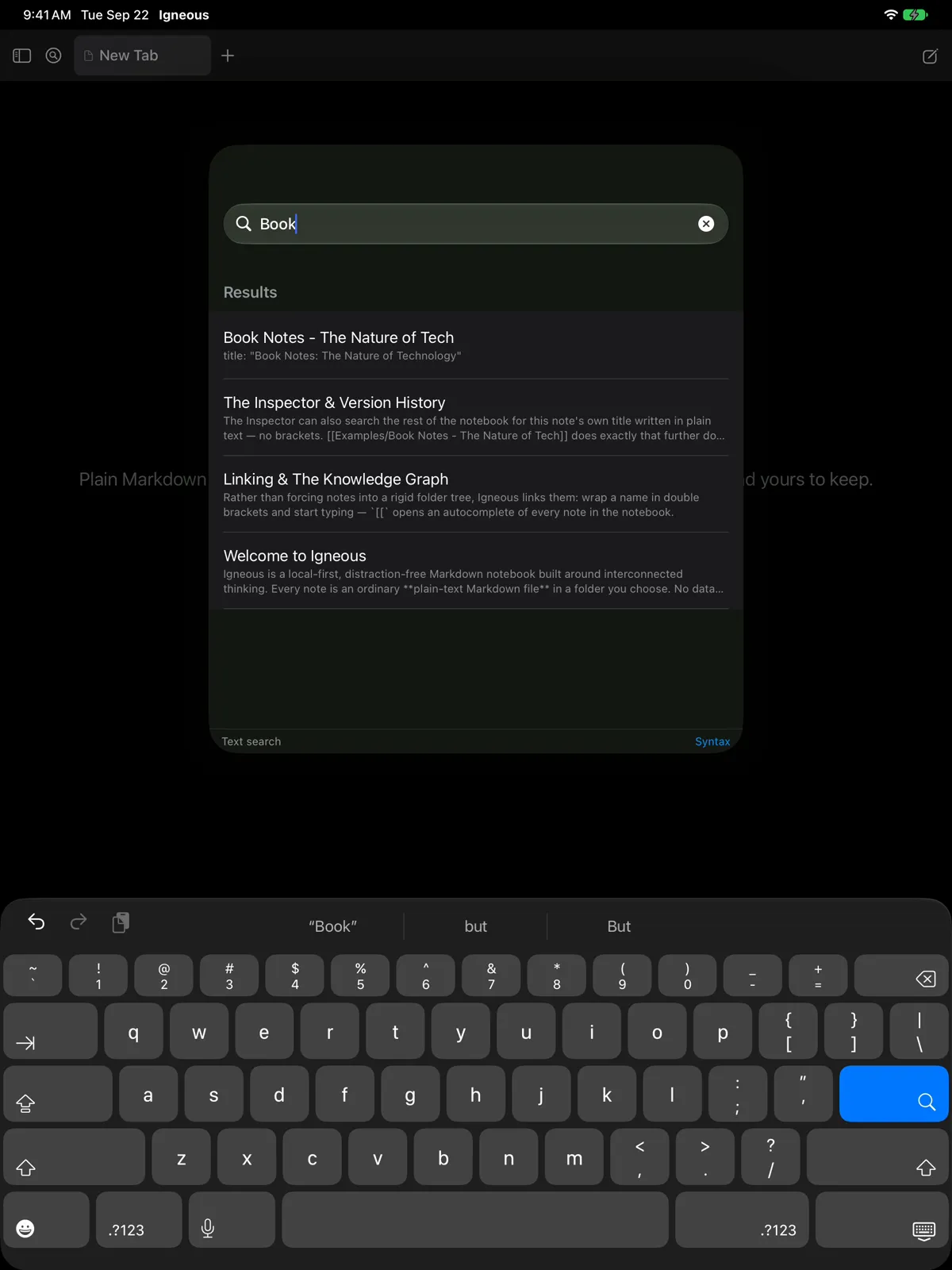 Omnisearch on iPad with “Book” typed: the matching notes listed, best match first. The recording types the query one letter at a time and opens the top result.