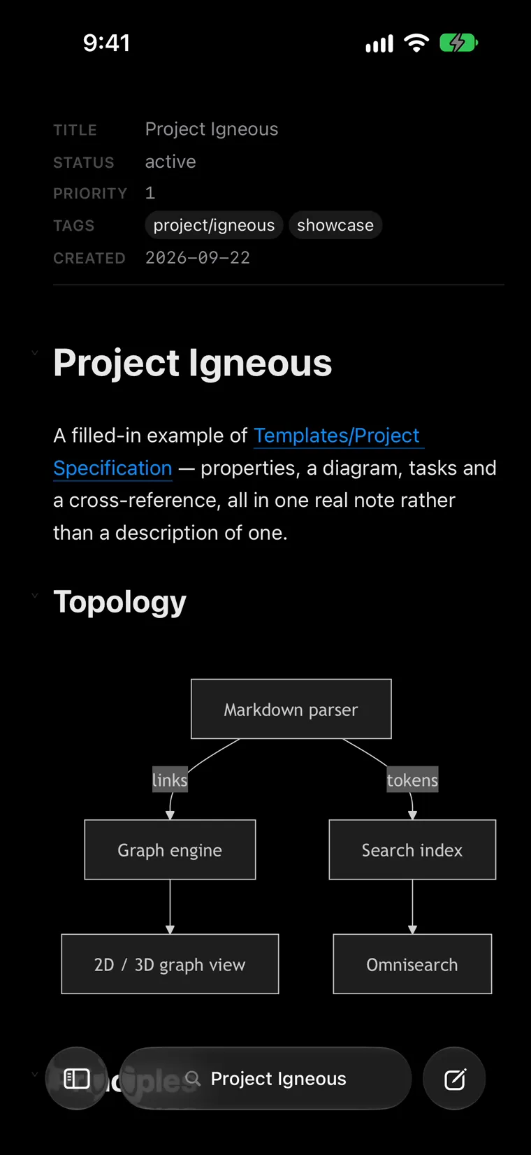 Igneous on iPhone: the Project Igneous note, with the title pill in the dock at the bottom. The recording swipes the pill to switch between two open notes, then swipes up to show both as cards in the tab grid.