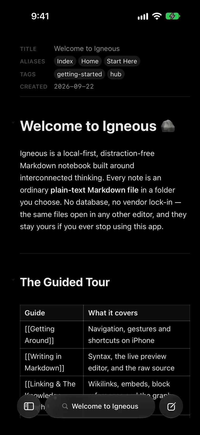 Igneous on iPhone: the Welcome note's frontmatter shown as properties (title, aliases, tags, created) above the note. It scrolls with the page, through a table of wikilinks and callouts.
