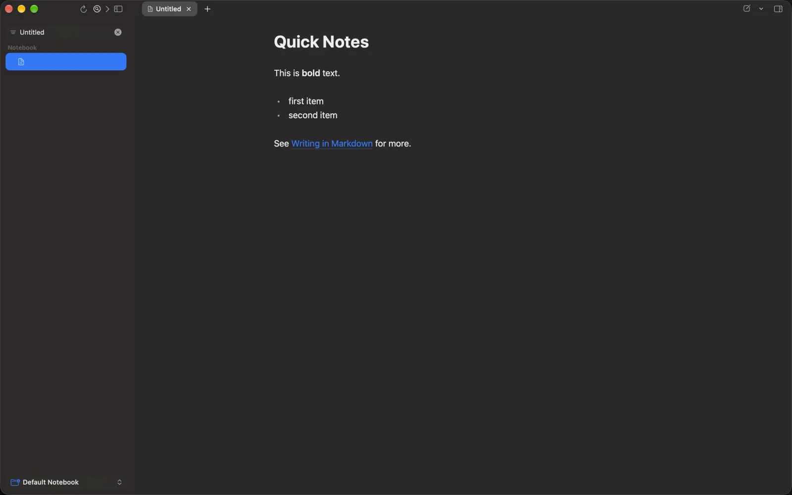 A note called Quick Notes in the Mac editor: a heading, a bold phrase, a two-item list and a link to Writing in Markdown, all rendered. The recording builds the note up line by line and it renders as each line lands.