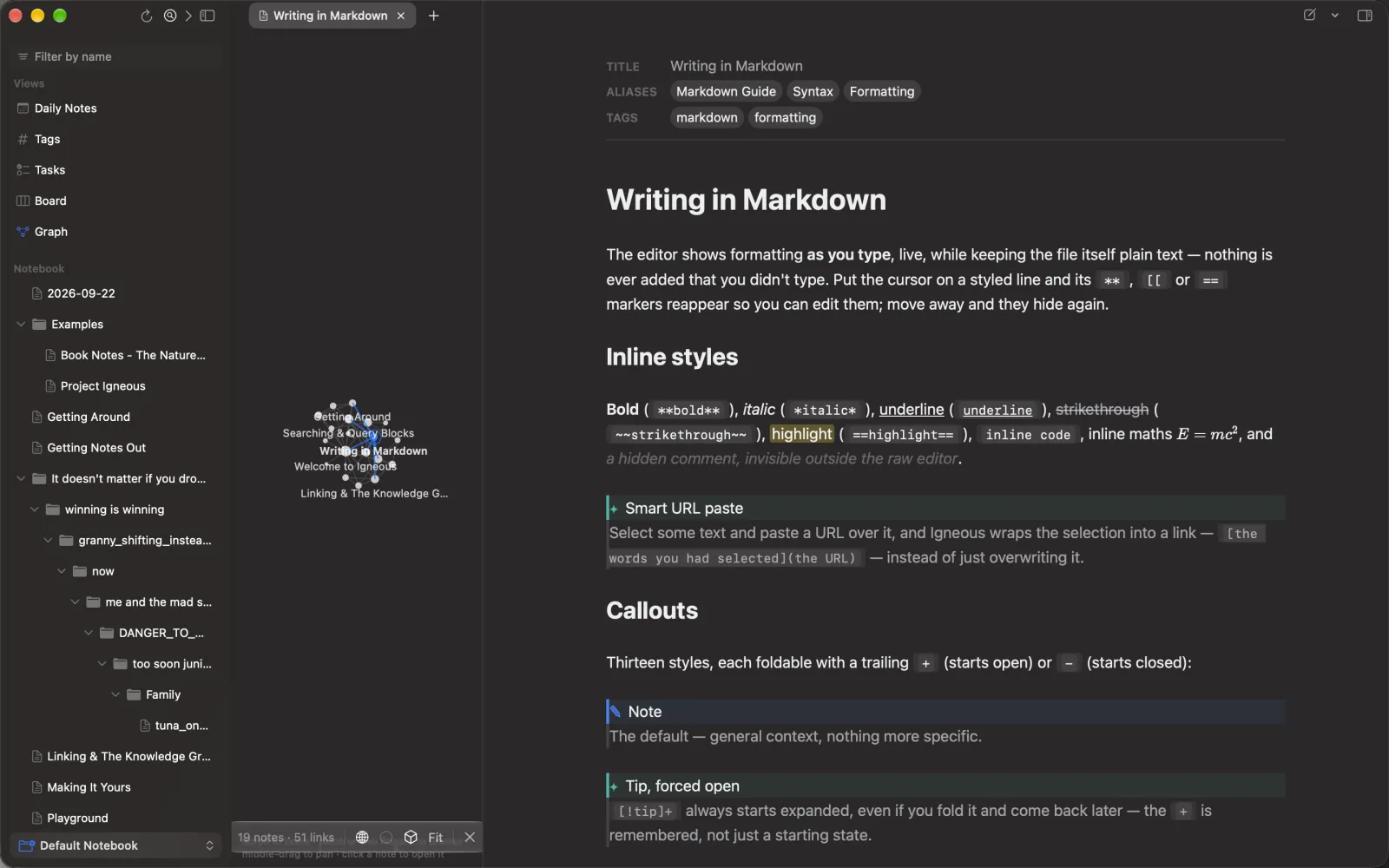 Igneous on a Mac: the note Writing in Markdown in live preview, with the graph column open beside it showing the neighbouring notes. The recording closes the graph, then opens the Inspector with the note's outline, backlinks and links.