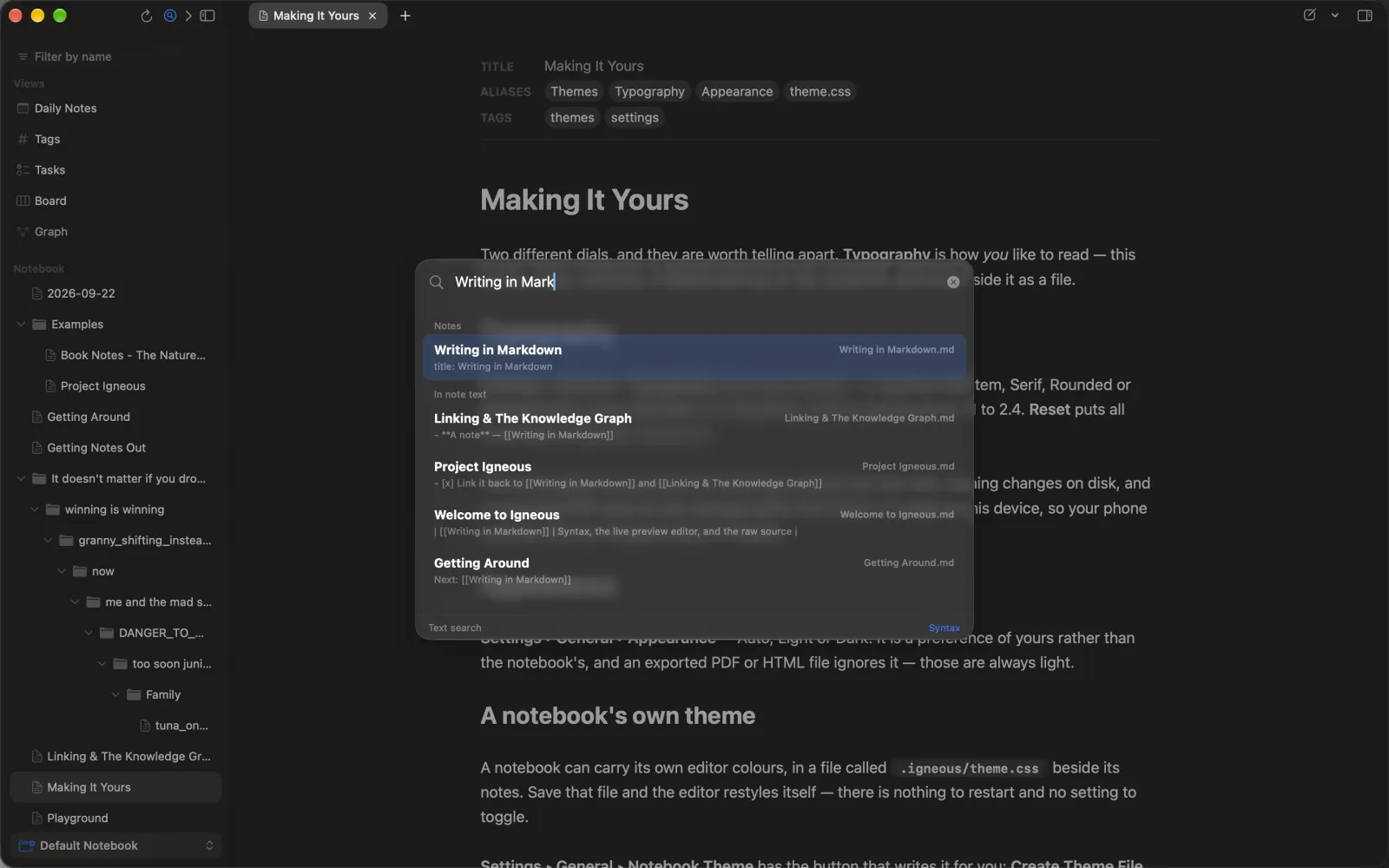 Omnisearch on the Mac: “Writing in Mark” typed into the search field, with matching note names listed above notes that mention the words in their text. The recording types, clears and searches again for “Book”.