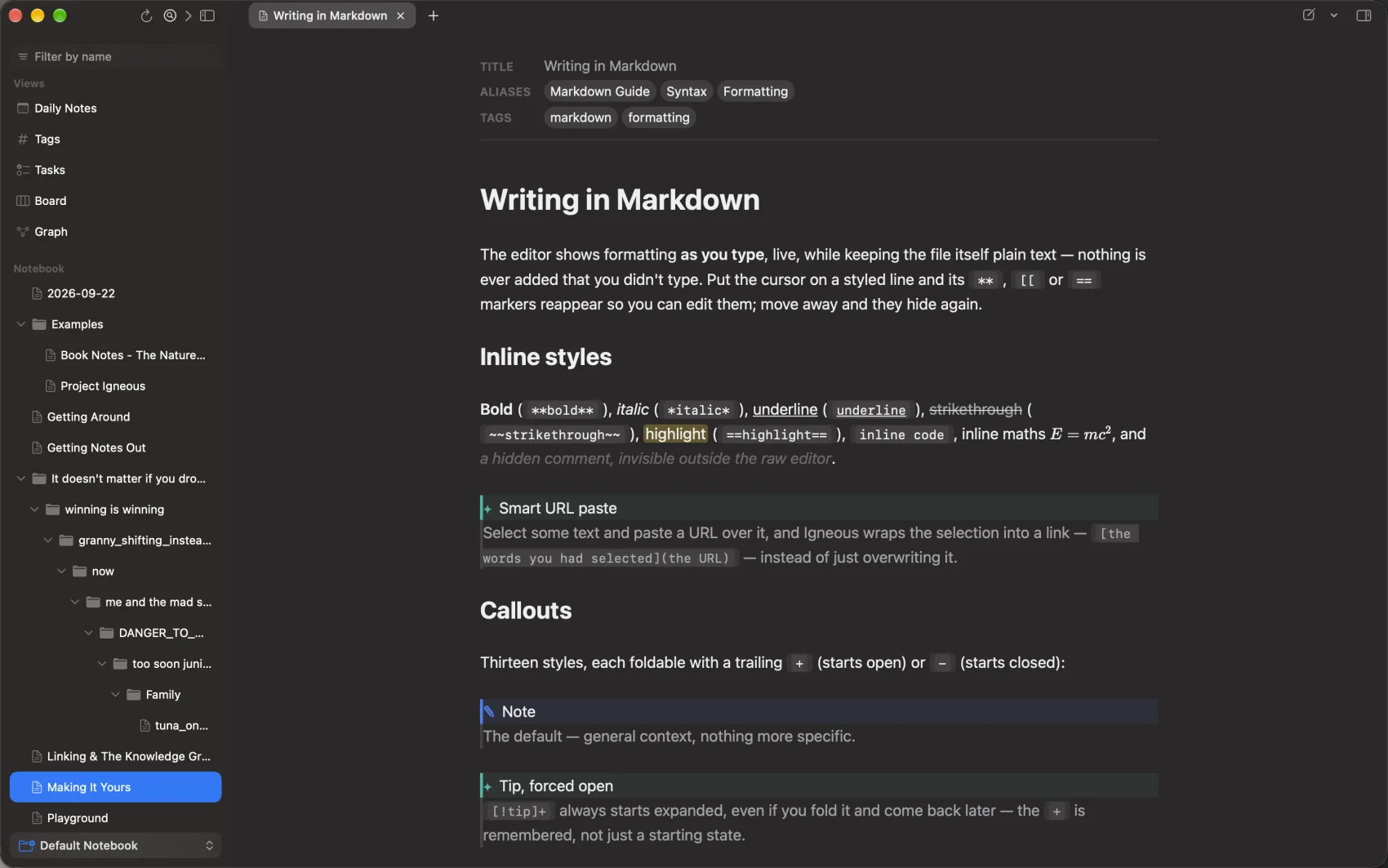 Igneous on a Mac: the notebook sidebar and a note called Writing in Markdown in live preview, with bold, highlight and inline maths rendered as you type.